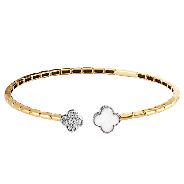 Open Flex Cuff Clover Shaped Bracelet with Pearl and Diamonds