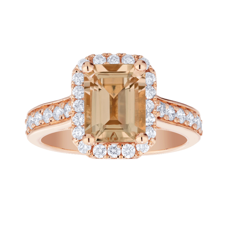 14KR Emerald Cut Morganite & Diamond Halo Ring