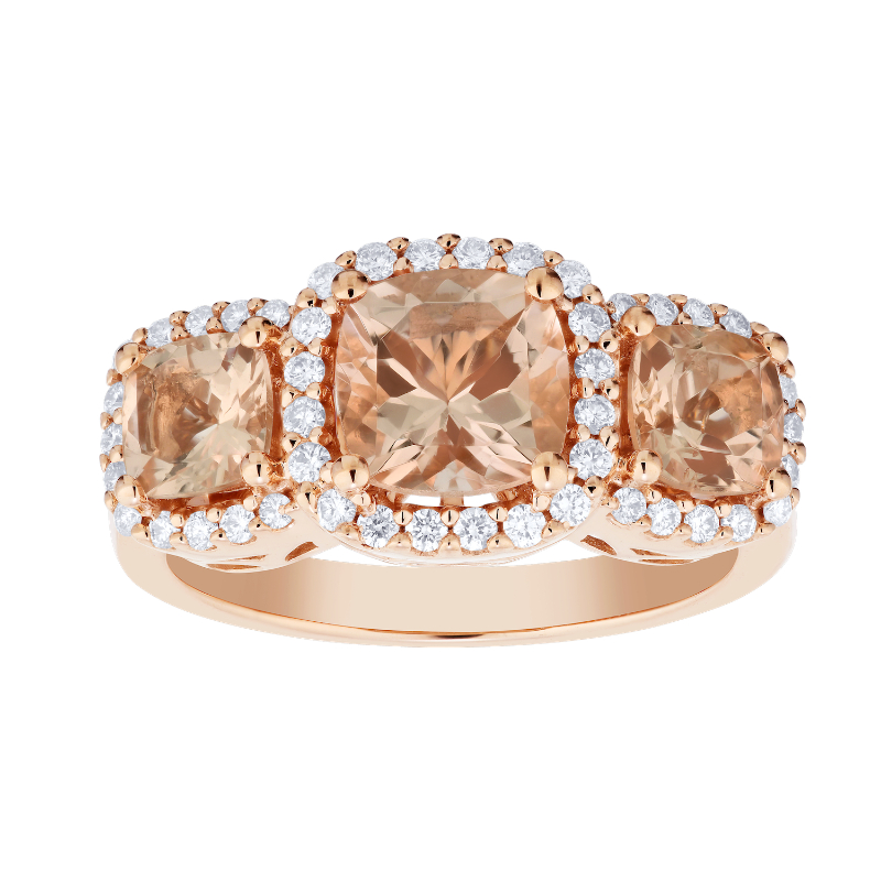 14KR 3 Stone Morganite & Diamond Halo Ring