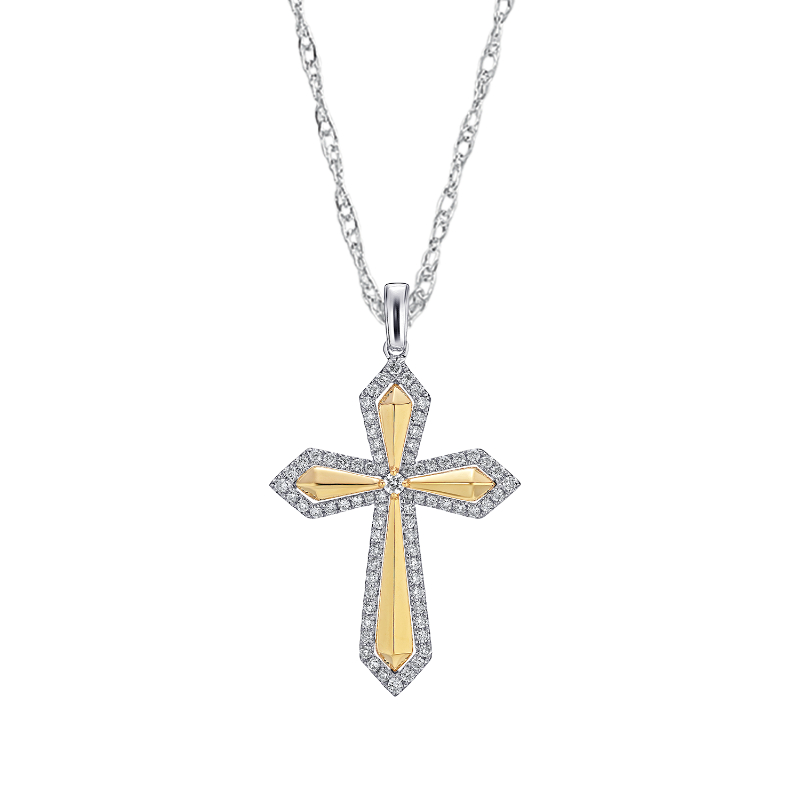 14KTT 3D Diamond Cross Pendant