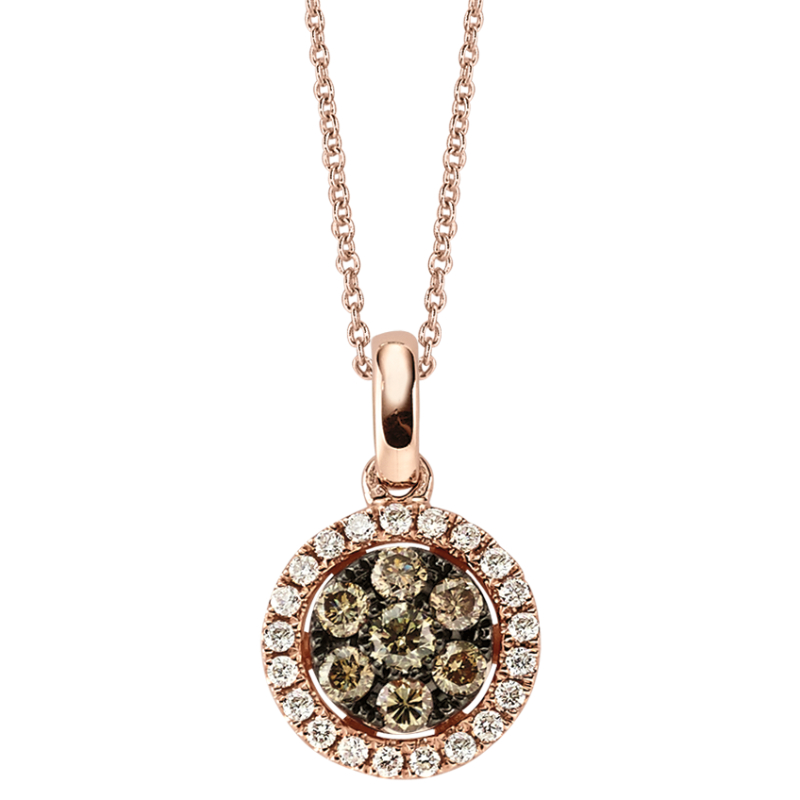 14KR Round Halo Cognac & White Diamond Pendant