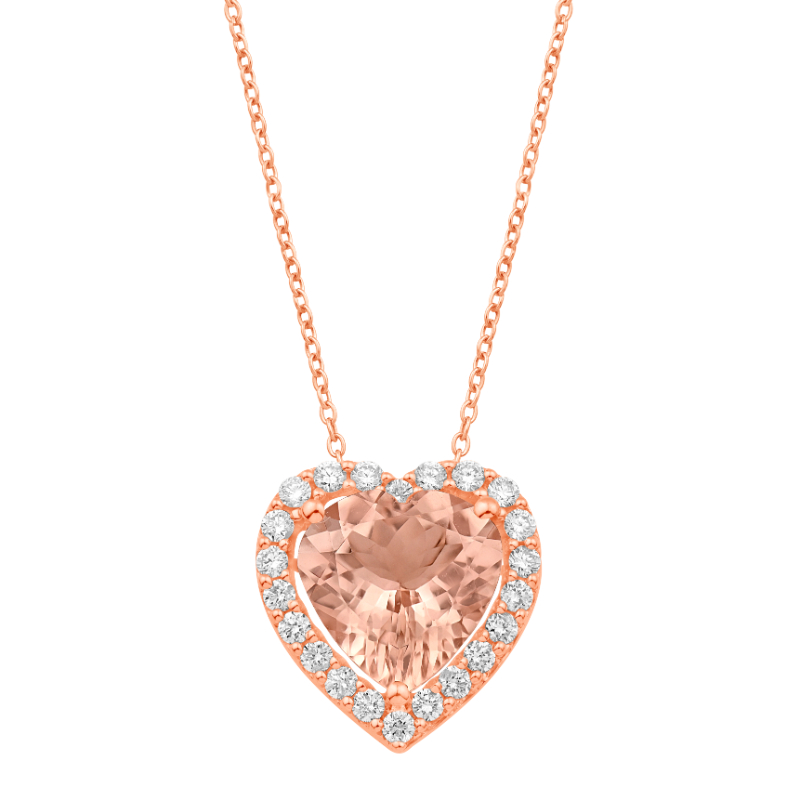 14KR Heart Shape Morganite & Diamond Halo Pendant