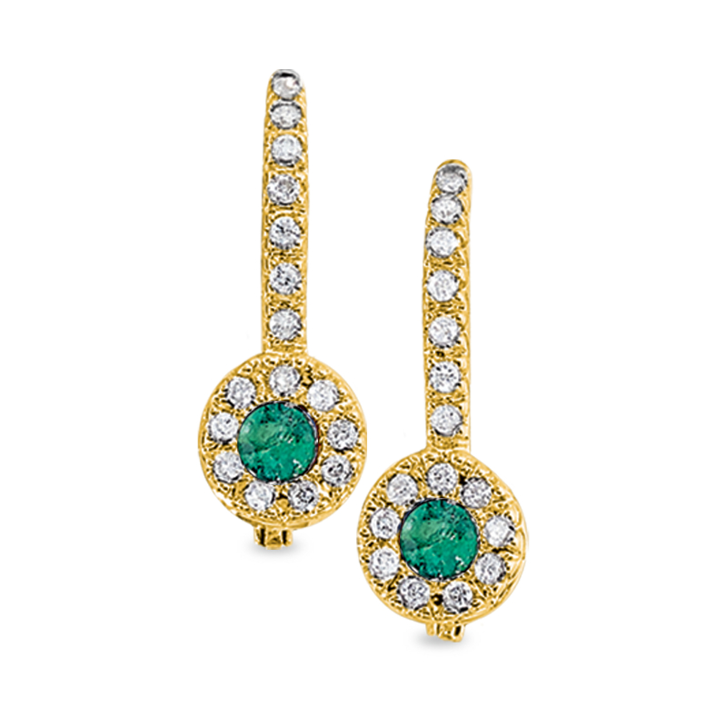 14KY Lever Back Round Emerald & Diamond Earrings