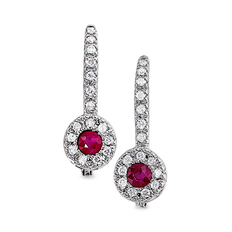 14KW Lever Back Round Ruby & Diamond Earrings