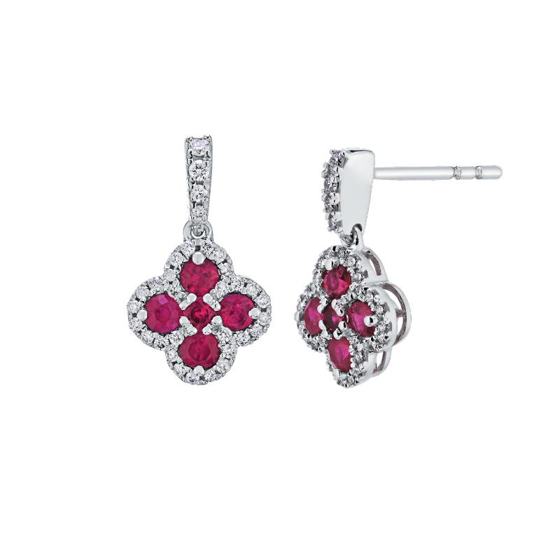 14KW Ruby & Diamond Clover Earrings