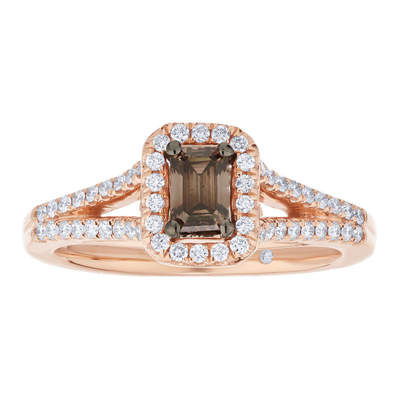 14KR Emerald Cut Brown Diamond Halo Ring