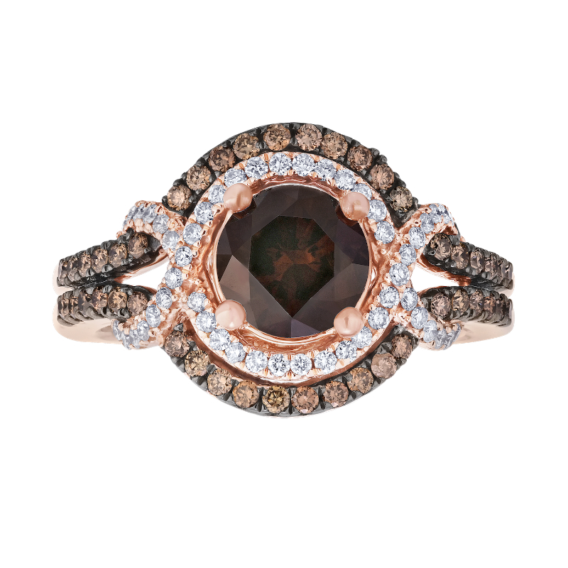 14KR Round Double Halo Cognac & White Diamond Ring