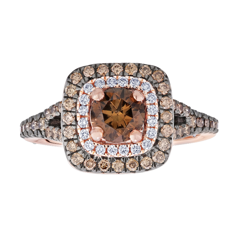 14KR Cushion Double Halo Cognac & White Diamond Ring