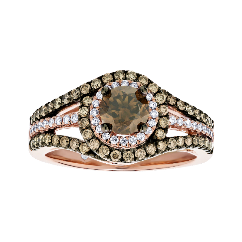 14KR Round Double Halo Cognac & White Diamond Ring