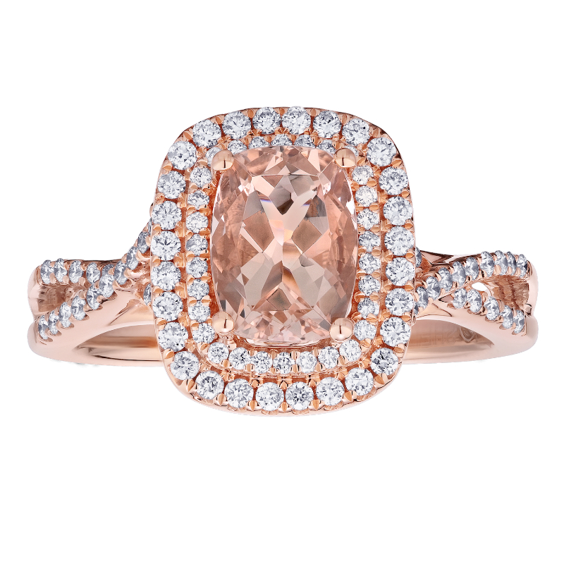 14KR Emerald Cut Morganite & Diamond Halo Ring